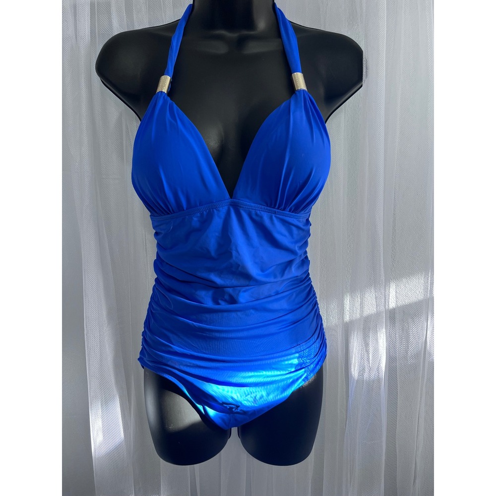 Royal Blue Ruched Halter One Piece Swimsuit Silver Hardware V-Neck Size S